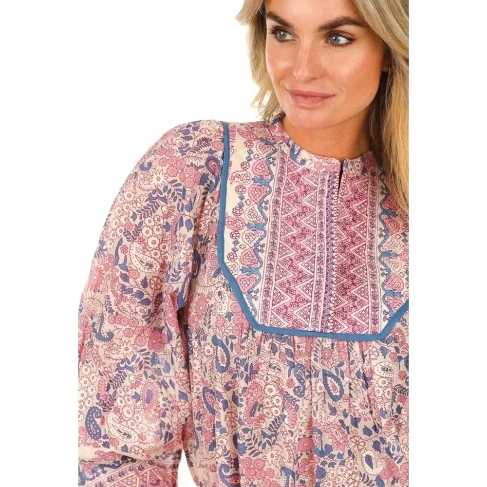 NWT Antik Batik Helene Dress Pink Floral Paisley Print Cotton Midi Boho Medium